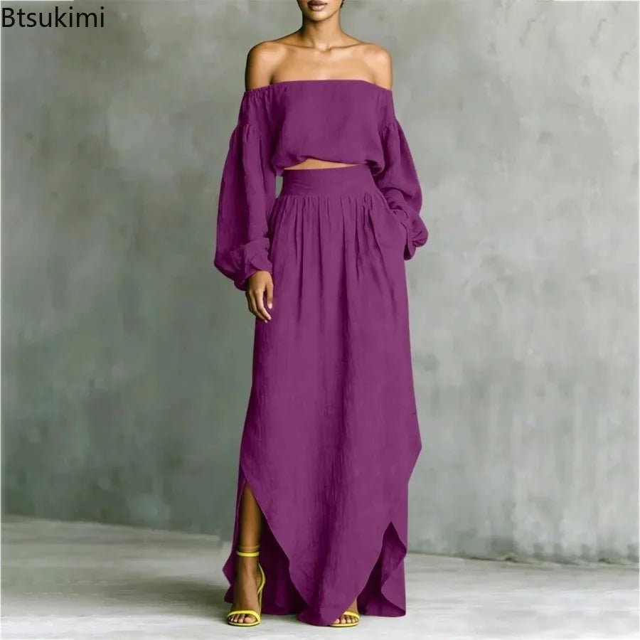 Conjunto de top con hombros descubiertos y falda midi de BB Bellezachic, ideal para look elegante y moderno.