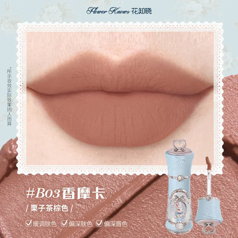 Labial líquido mate Flower Knows de BB Bellezachic en tono enrojecido, con envase de 5 ml, visible en la imagen.