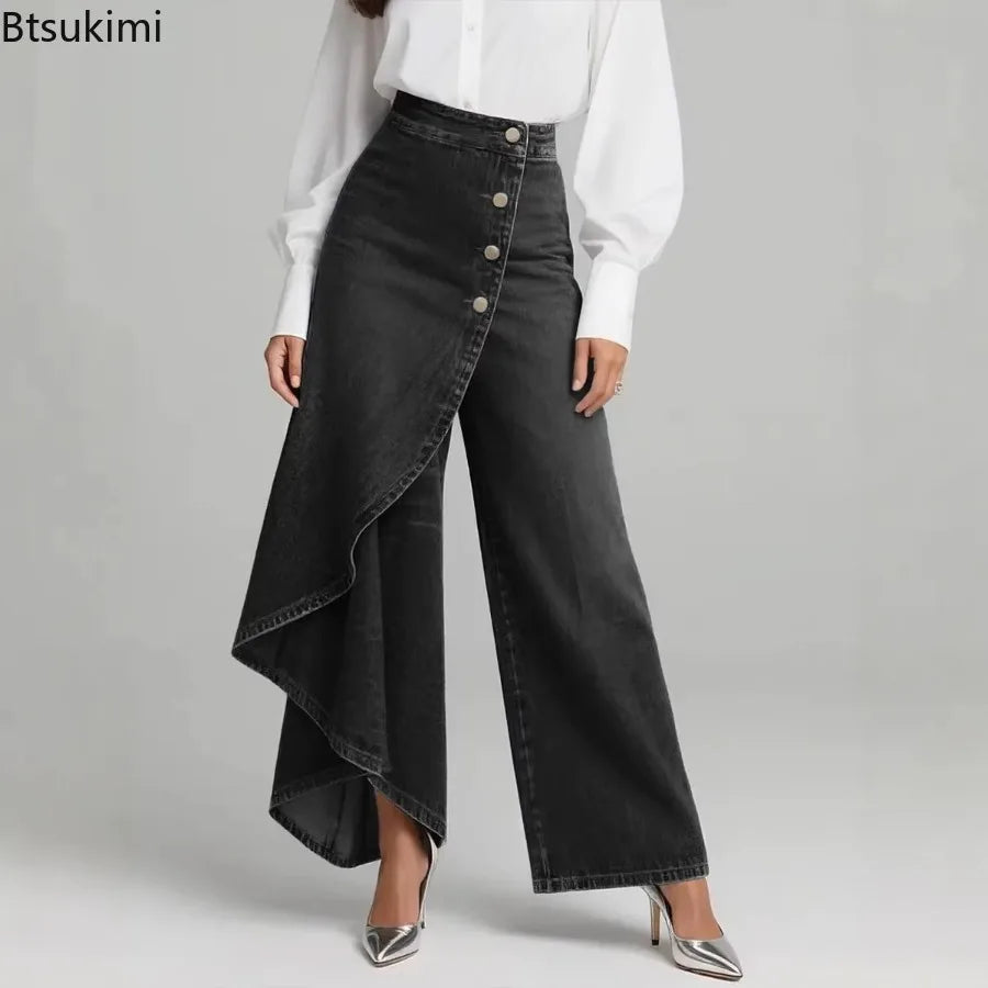 Pantalón de pierna ancha con efecto denim de BB Bellezachic, vista frontal mostrando el diseño y la textura de la tela.