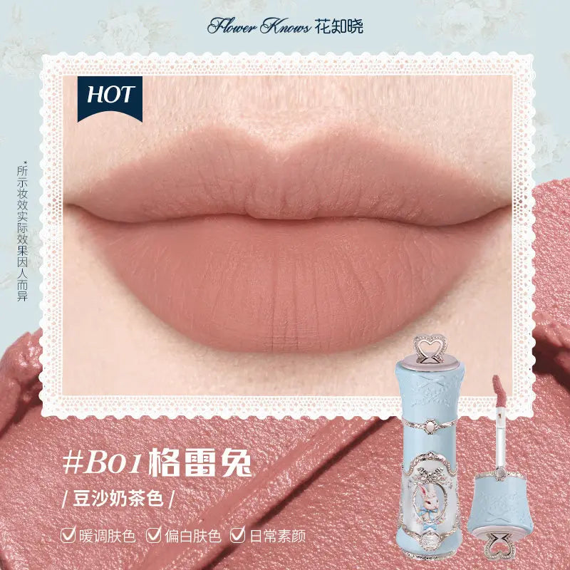 Labial líquido mate Flower Knows de BB Bellezachic en tono rosado, en envase de 5 ml, con acabado mate y textura cremosa
