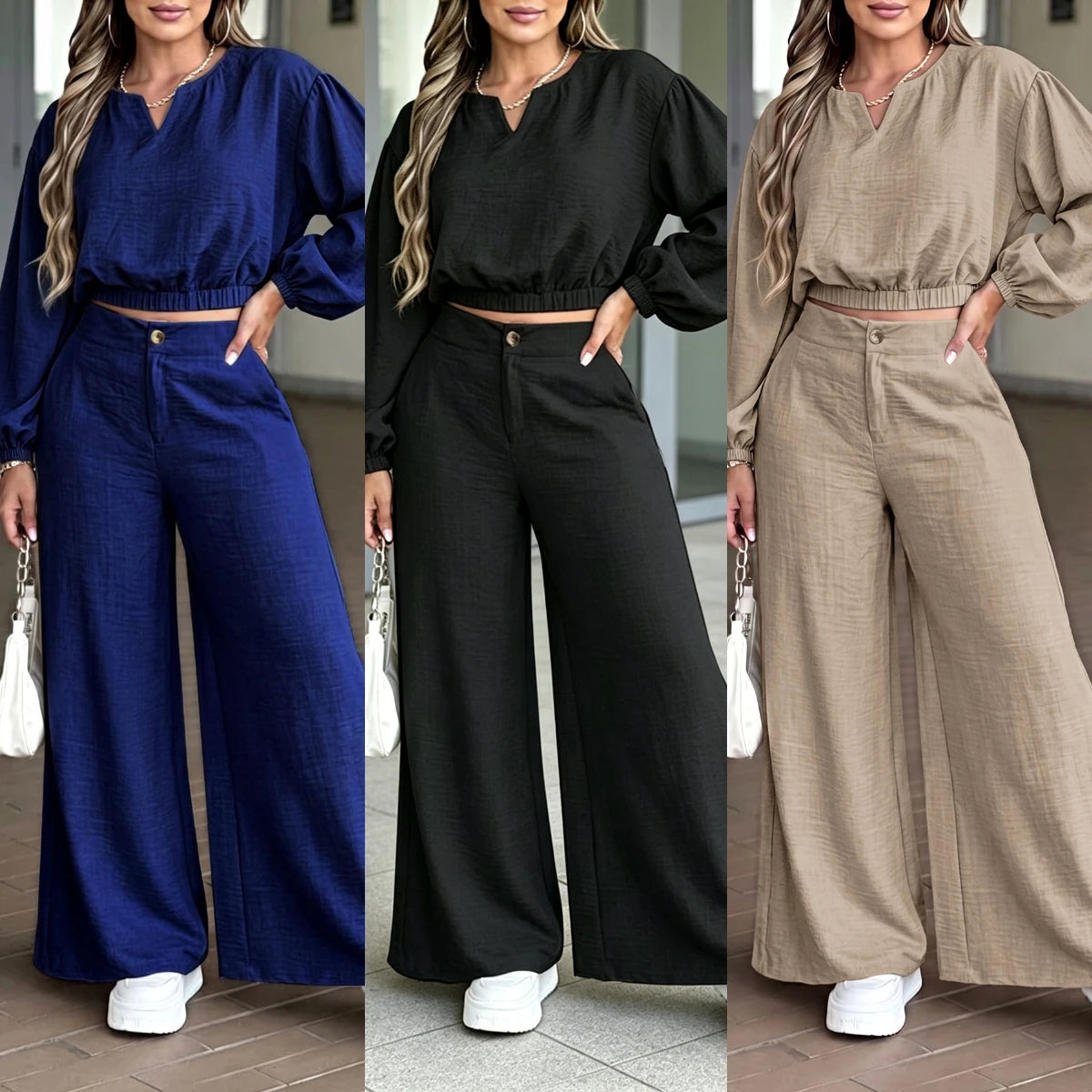 Conjunto de dos piezas con pantalón ancho de BB Bellezachic, ropa moderna y cómoda para mujer.