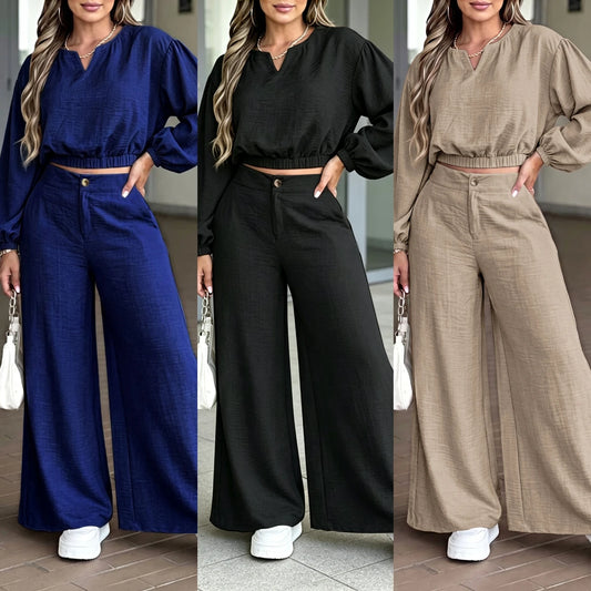 Conjunto de dos piezas con pantalón ancho de BB Bellezachic, ropa moderna y cómoda para mujer.