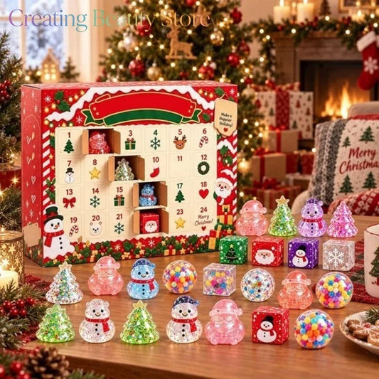 Calendario de Adviento BB Bellezachic con 24 figuras squishy mochi en forma de personajes divertidos y coloridos.