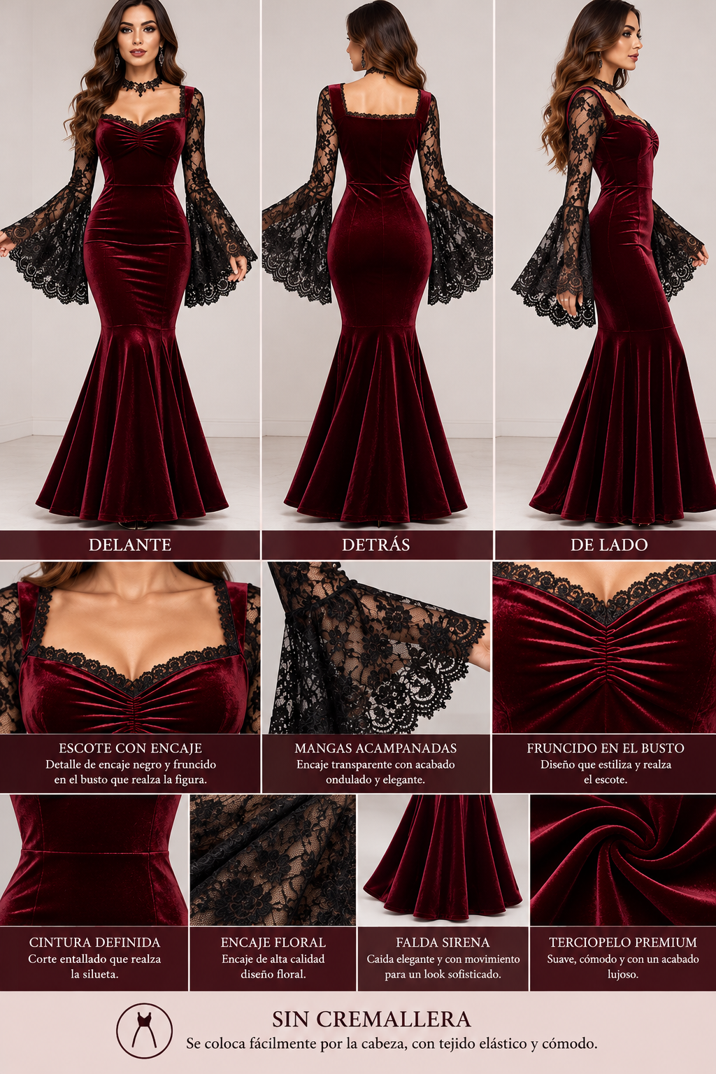 Vestido largo de terciopelo burdeos con escote fruncido, mangas acampanadas de encaje negro y corte sirena. Vistas delantera, trasera y detalles.