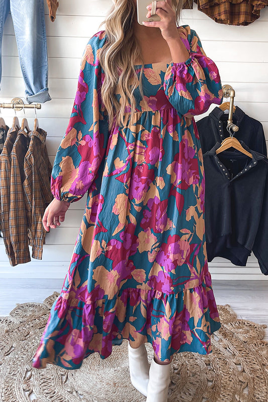 Vestido floral con escote cuadrado y mangas abullonadas