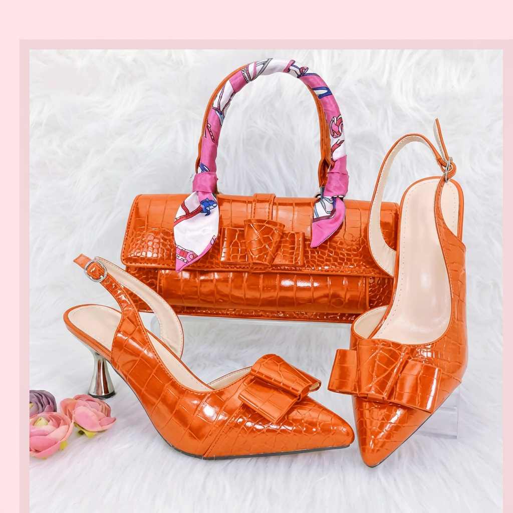 Conjunto de zapatos de tacón y bolso con lazo en color naranja de BB Bellezachic, elegante y coordinado para ocasiones especiales.