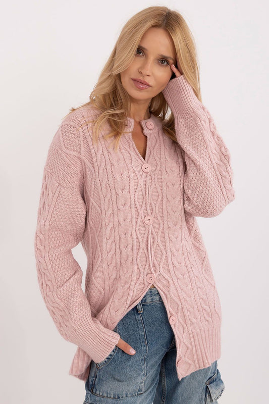 Cárdigan largo de punto para mujer con botones y cuello redondo, abrigo de la marca AT sobre fondo neutro