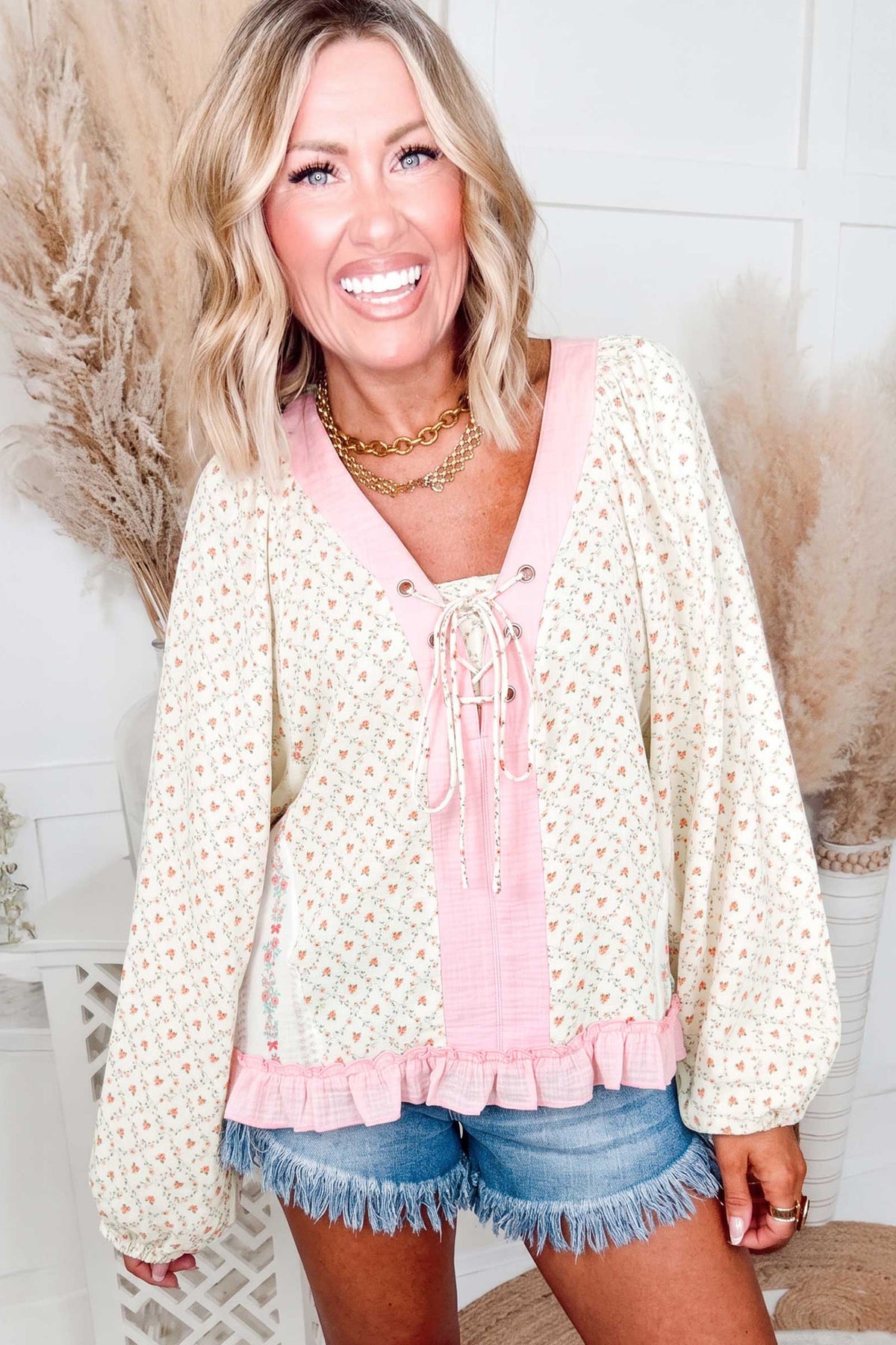 Beige 100% Cotton Floral Print Color Block Trim Lace-up V Neck Long Sleeve Blouse