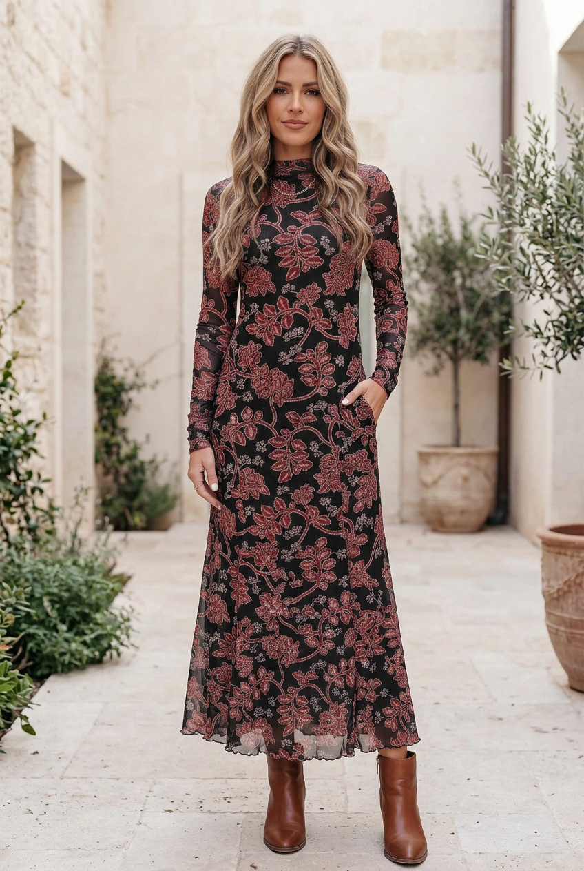 Vestido floral de tul en un patio mediterráneo