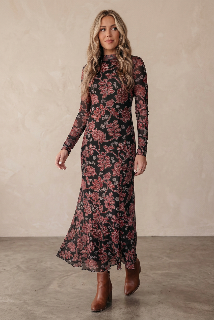 Vestido floral de tul, vista de tres cuartos