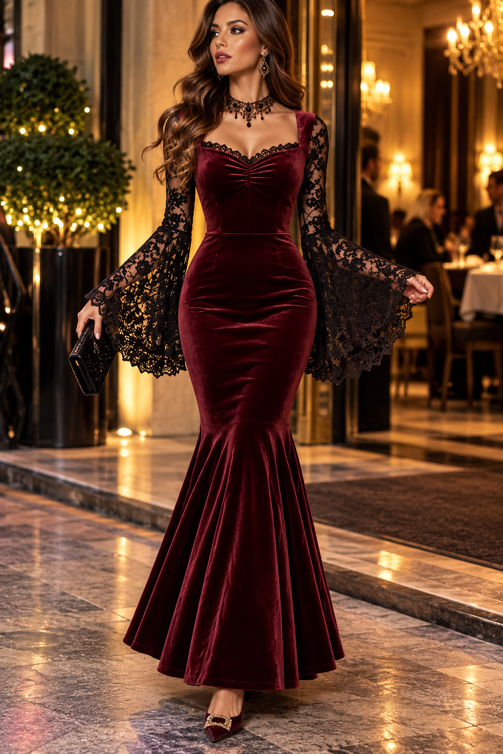 Modelo con vestido largo de terciopelo burdeos, corte sirena, escote fruncido y mangas acampanadas de encaje negro, en un hotel elegante.